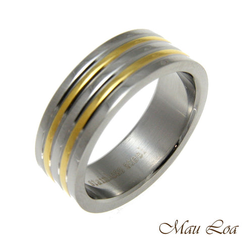 Stainless Steel Ring Wedding Band 7mm Yellow Gold Line Silver Color Size 5-11