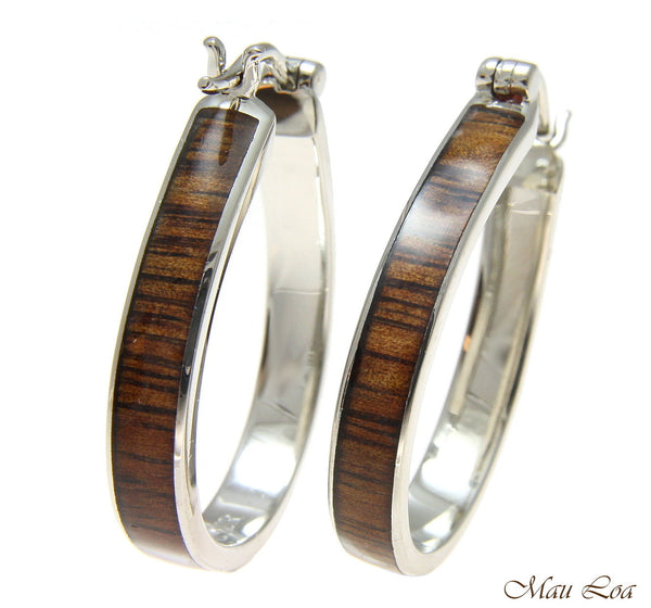 Koa Wood Hawaiian Rhodium Plated Brass 25x33mm Oval Hoop Snap Closure Earrings