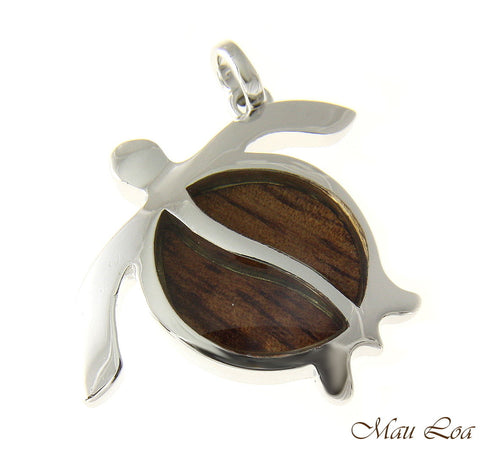 Koa Wood Hawaiian Honu Sea Turtle Rhodium Silver Plated Brass Pendant