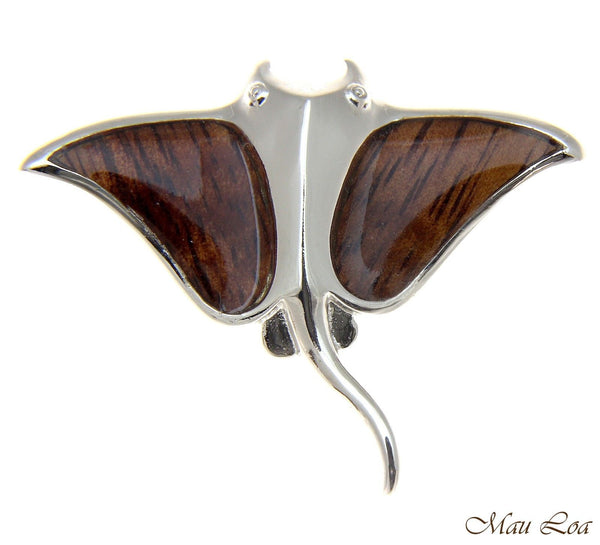 Koa Wood Hawaiian Manta Ray Fish Rhodium Silver Plated Brass Slide Pendant