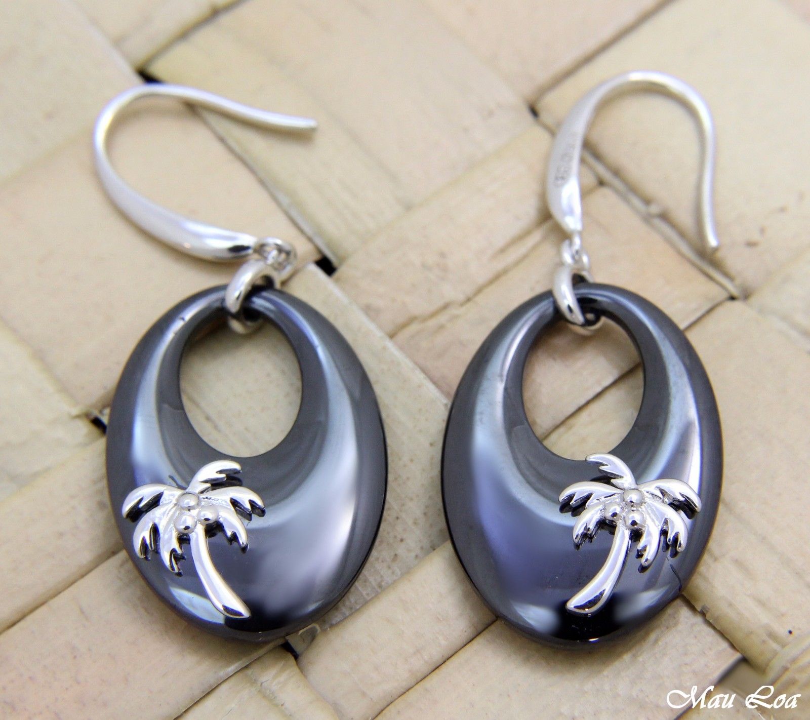 925 Sterling Silver Rhodium Hawaiian Palm Tree Black Ceramic Oval Hook Earrings