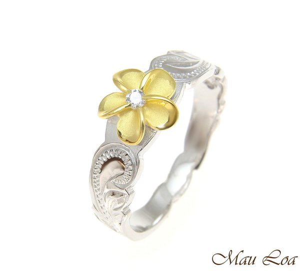 925 Sterling Silver Rhodium Hawaiian Scroll Yellow Gold CZ Plumeria Flower Ring