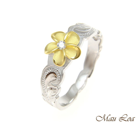 925 Sterling Silver Rhodium Hawaiian Scroll Yellow Gold CZ Plumeria Flower Ring