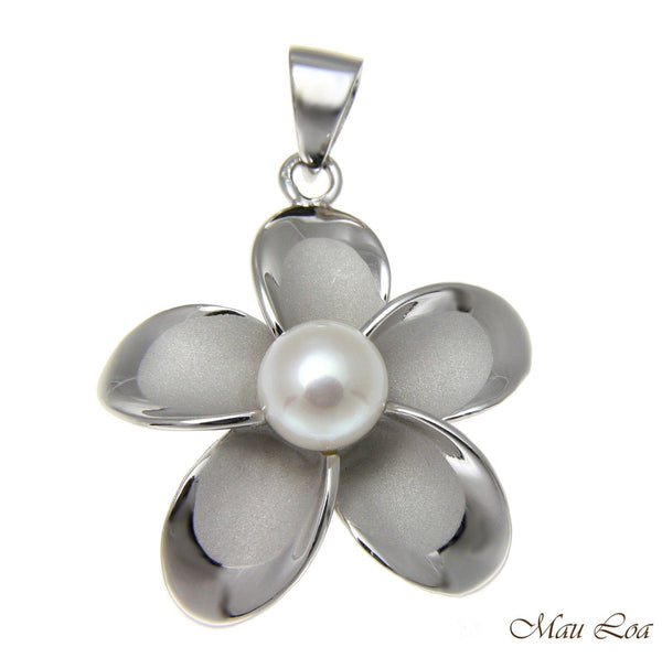 925 Silver Hawaiian Plumeria Flower Fresh Water Pearl Rhodium Pendant 12-32mm