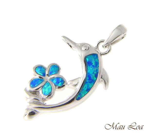925 Sterling Silver Rhodium Hawaiian Blue Opal Plumeria Flower Dolphin Pendant