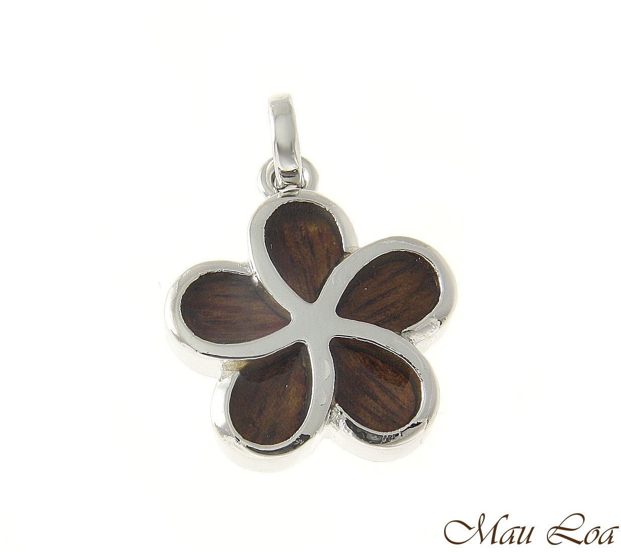 Koa Wood Hawaiian 18mm Plumeria Flower Rhodium Silver Plated Brass Slide Pendant