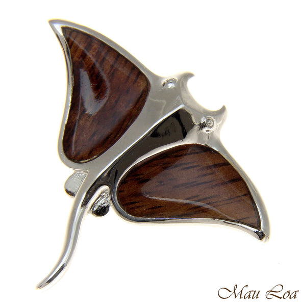 Koa Wood Hawaiian Manta Ray Fish Rhodium Silver Plated Brass Slide Pendant