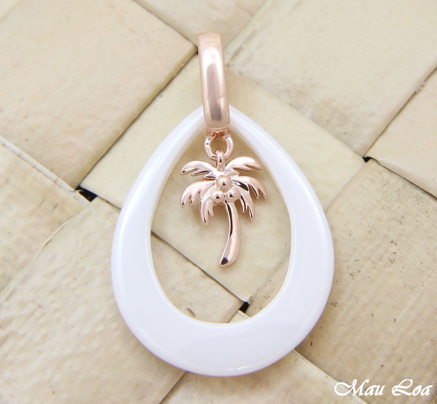 925 Silver Pink Rose Gold Hawaiian Palm Tree White Ceramic Tear Drop Pendant