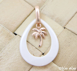 925 Silver Pink Rose Gold Hawaiian Palm Tree White Ceramic Tear Drop Pendant