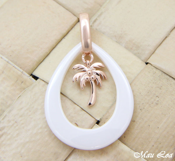 925 Silver Pink Rose Gold Hawaiian Palm Tree White Ceramic Tear Drop Pendant