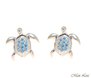 925 Sterling Silver Blue Topaz Hawaiian Honu Turtle Post Stud Earrings