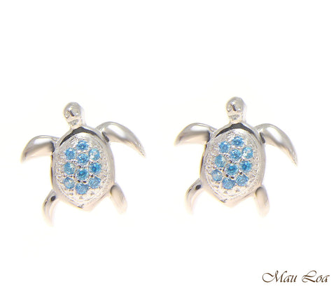 925 Sterling Silver Blue Topaz Hawaiian Honu Turtle Post Stud Earrings