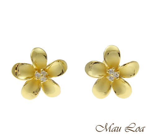925 Sterling Silver Yellow Gold Hawaiian Plumeria Flower 3 CZ Stud Post Earrings