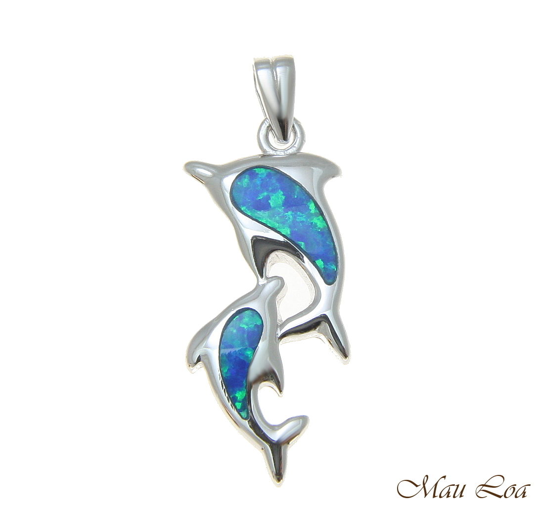 925 Sterling Silver Rhodium Hawaiian Blue Opal Double Dolphin Pendant Charm