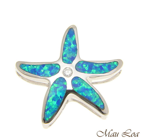 925 Sterling Silver Rhodium Hawaiian Sea Star Starfish CZ Opal Slider Pendant