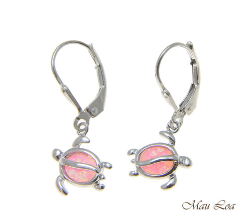 925 Sterling Silver Rhodium Hawaiian Honu Turtle Pink Opal Leverback Earrings