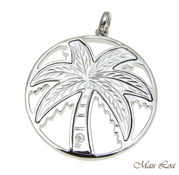 Koa Wood Hawaiian Circle Palm Tree Rhodium Silver Plated Brass 2 Sided Pendant