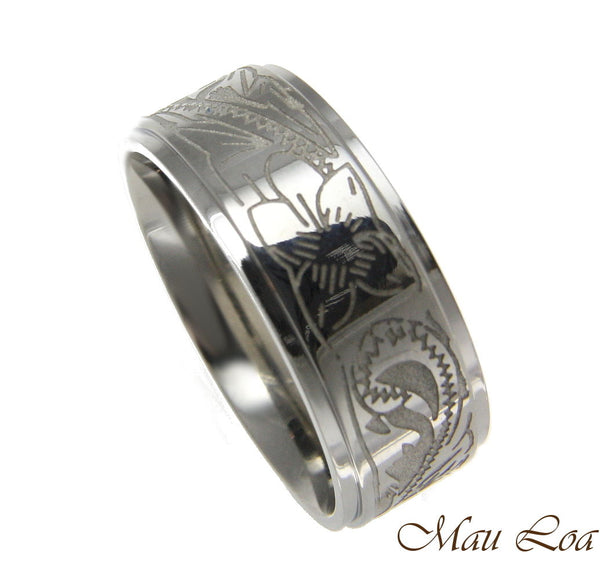 Stainless Steel Ring Band Unisex 8mm Hawaiian Plumeria Scroll Design Size 5-13