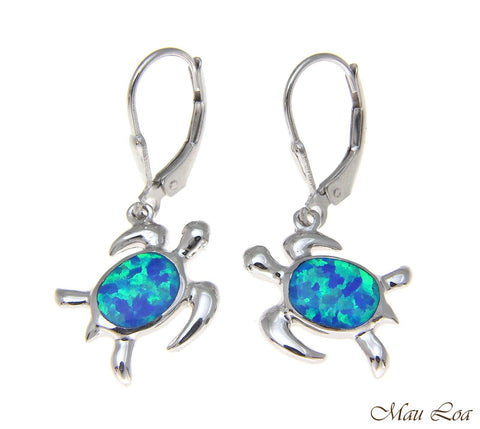 925 Sterling Silver Rhodium Hawaiian Honu Sea Turtle Opal Leverback Earrings