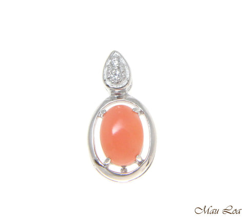925 Sterling Silver Rhodium CZ Genuine Natural 5x7mm Oval Pink Coral Pendant