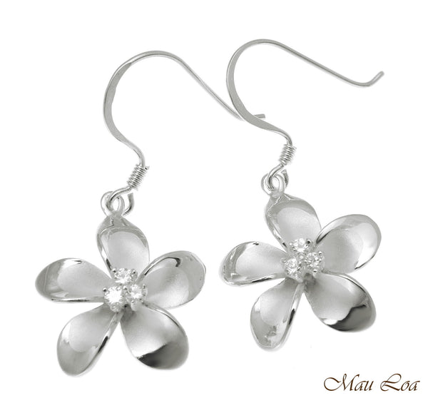 925 Sterling Silver Hawaiian Plumeria Flower 3 CZ Wire Hook Rhodium Earrings