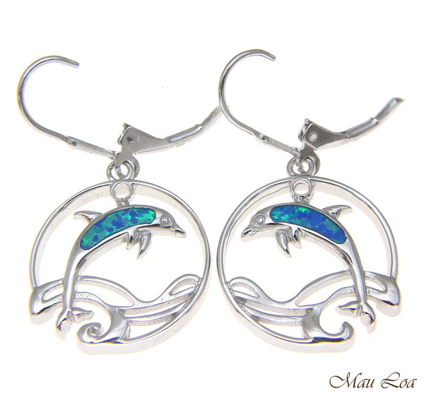 925 Sterling Silver Rhodium Hawaiian Circle Wave Dolphin Opal Leverback Earrings