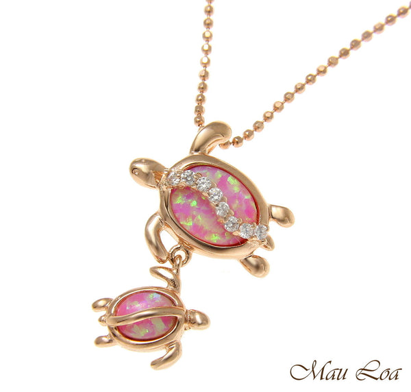 925 Silver Pink Rose Hawaiian Honu Turtle Family Mom Baby Opal CZ Slider Pendant