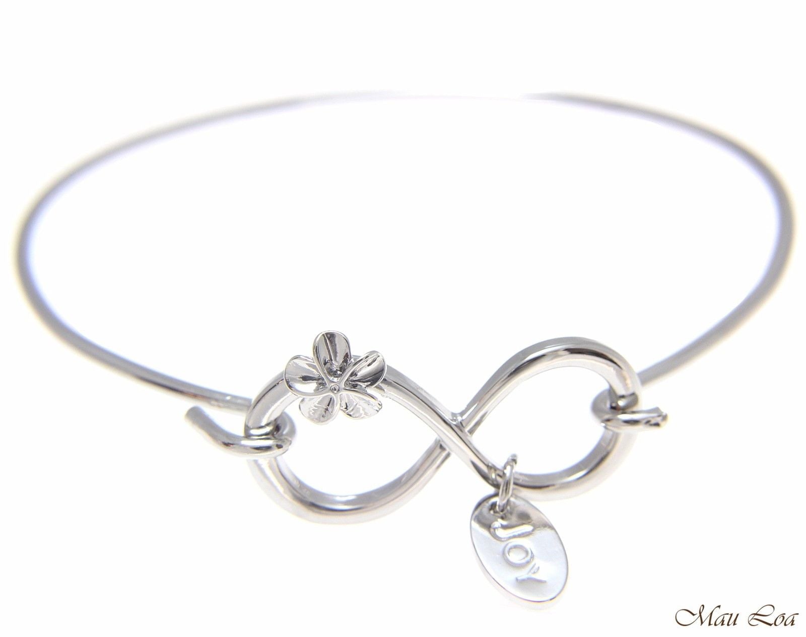 Rhodium Plated on Brass Hawaiian Infinity Plumeria Flower Open Bangle Bracelet