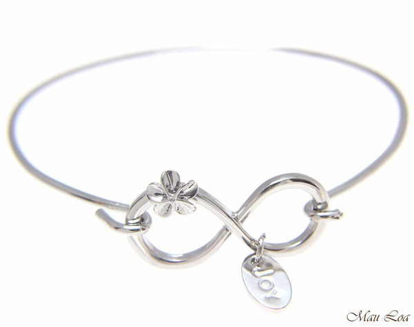 Rhodium Plated on Brass Hawaiian Infinity Plumeria Flower Open Bangle Bracelet