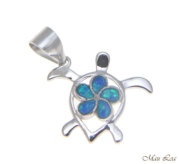 925 Silver Rhodium Hawaiian Plumeria Flower Honu Sea Turtle Blue Opal Pendant