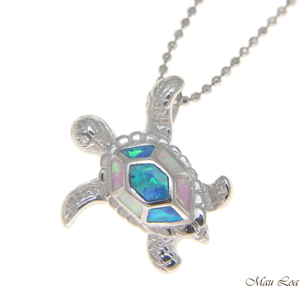 925 Sterling Silver Rhodium Hawaiian Honu Sea Turtle Multi Opal Slider Pendant