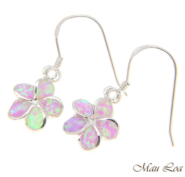 925 Silver Rhodium Hawaiian Plumeria Flower Pink Opal Wire Hook Earrings 8-15mm