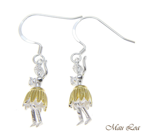 925 Sterling Silver Hawaiian Hula Girl Dancer 2T Yellow Gold Hook Wire Earrings