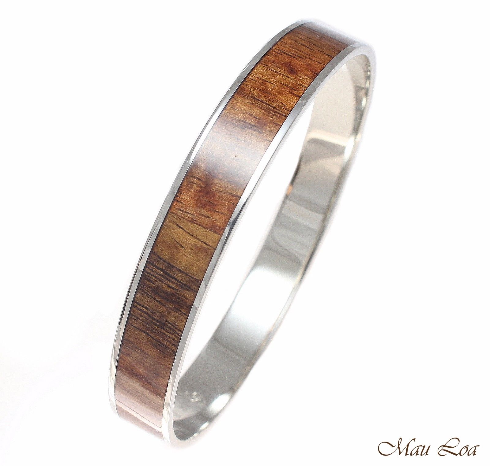 10mm Hawaiian Koa Wood Rhodium Plated on Brass Bangle Bracelet Size 7 - 9