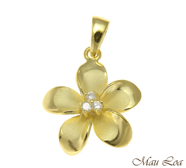 925 Sterling Silver Yellow Gold Hawaiian Plumeria Flower 3 CZ Pendant 12-30mm