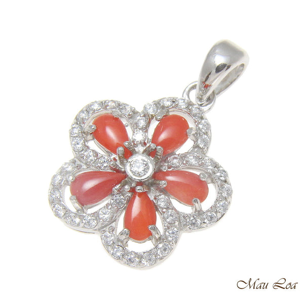 925 Silver Rhodium CZ Plumeria Flower Genuine Tear Drop Pink Coral Pendant