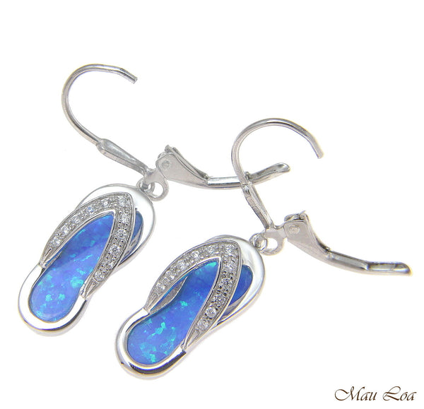 925 Sterling Silver Rhodium Hawaiian CZ Slipper Blue Opal Leverback Earrings