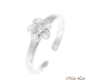 925 Sterling Silver Hawaiian Single Plumeria Flower White CZ Open Toe Ring