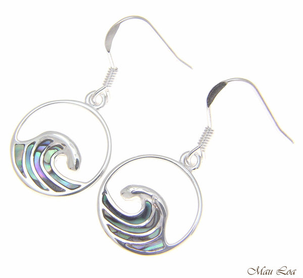 925 Sterling Silver Hawaiian Ocean Wave Circle Abalone Shell Paua Hook Earrings