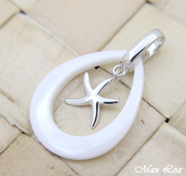 925 Silver Rhodium Hawaiian Starfish Sea Star White Ceramic Tear Drop Pendant