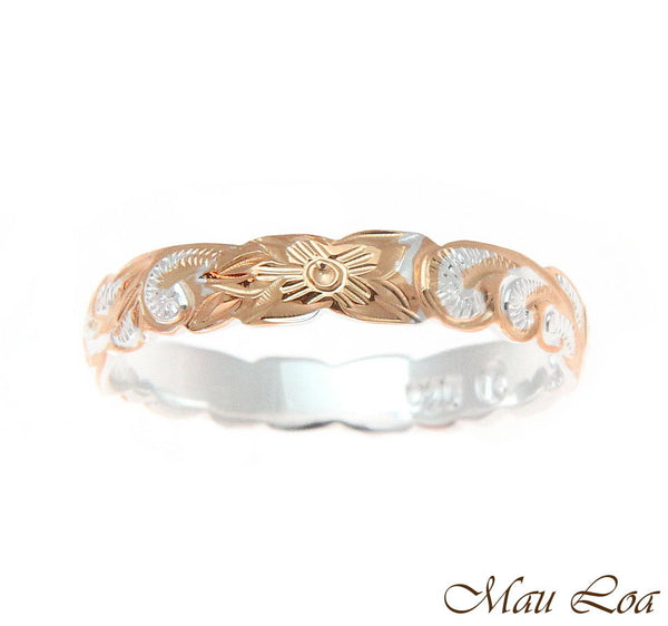 925 Silver 4mm 2T Pink Rose Gold Hawaiian Scroll Hand Engraved Cut Out Ring Band