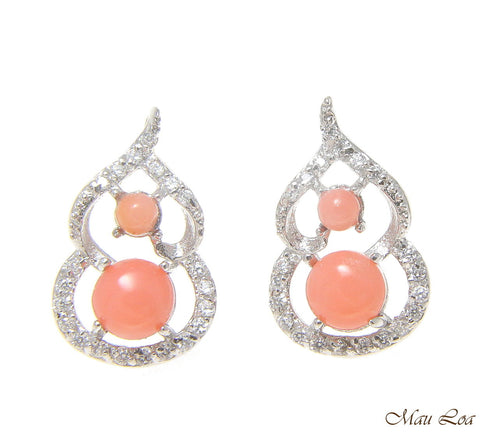 925 Sterling Silver Rhodium CZ Genuine Natural Pink Coral Post Stud Earrings