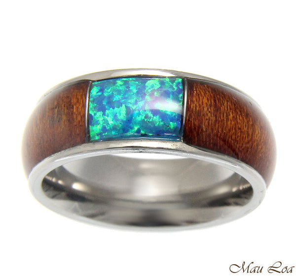 Stainless Steel Wedding Band 8mm Hawaiian Koa Wood Opal Comfort Fit Ring Sz 6-13