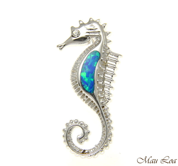 925 Sterling Silver Rhodium Hawaiian Seahorse Blue Opal CZ Slider Pendant