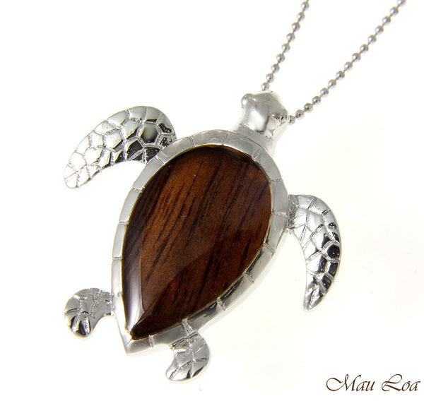 Koa Wood Hawaiian Honu Sea Turtle Rhodium Silver Plated Brass Slide Pendant
