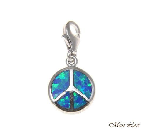 925 Sterling Silver Rhodium Peace Sign Blue Opal Clasp Enhancer Pendant Charm