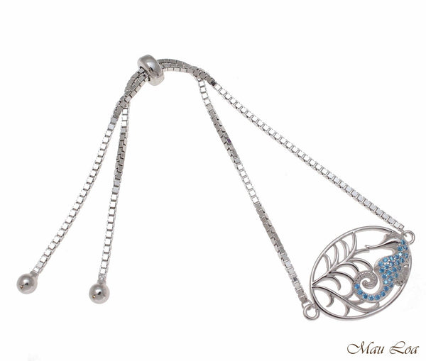 Silver 925 Blue Topaz Hawaiian Seahorse Sliding Adjustable Bead Chain Bracelet