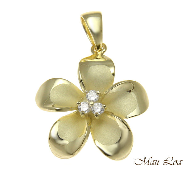 925 Sterling Silver Yellow Gold Hawaiian Plumeria Flower 3 CZ Pendant 12-30mm