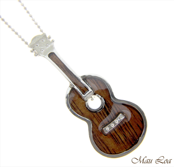 Koa Wood Hawaiian Ukulele Guitar Rhodium Silver Plated Brass Silde Pendant