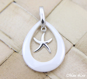 925 Silver Rhodium Hawaiian Starfish Sea Star White Ceramic Tear Drop Pendant